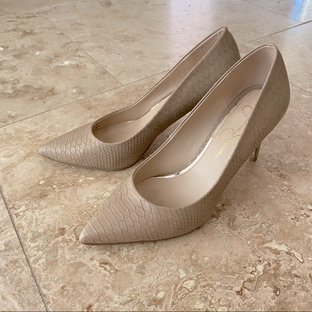 Jessica Simpson Faux Snake, Pointed Toe Tan Heels